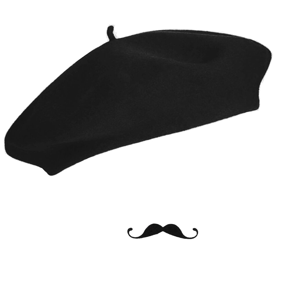 8335 Frenchman Beret Women Men, Mustache Halloween Mime Costume Accessory